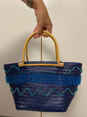 Lollipops bag like new with embroidered beads and bamboo blue