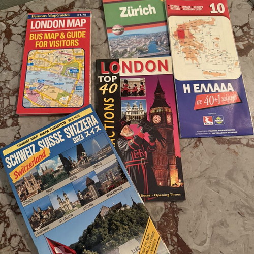 Travel Guide and Map Set used, London Switzerland Zurich Greece, 5 pcs
