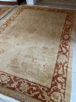 Handmade Oushak rug like new in beige gold earthy tones
