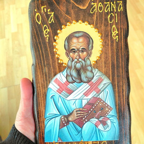 Saint Athanasios on solid fir wood new 24×15 cm