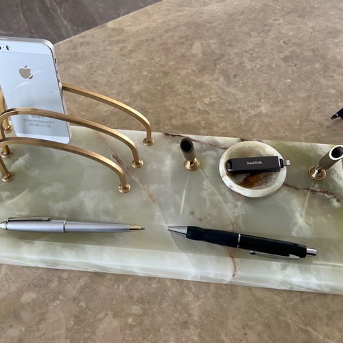 Alabaster desk organizer used in beige and green