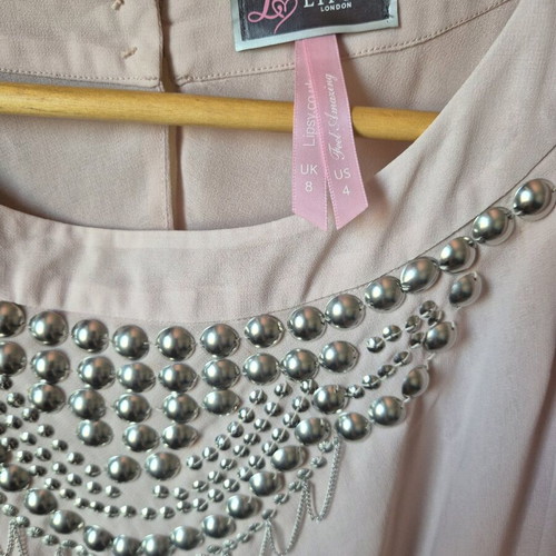 Lipsy London blouse nude pink with pearls and open shoulders, like new