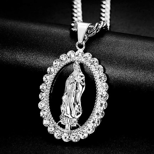 Virgin Mary Necklace with Zircon Stones Silver New
