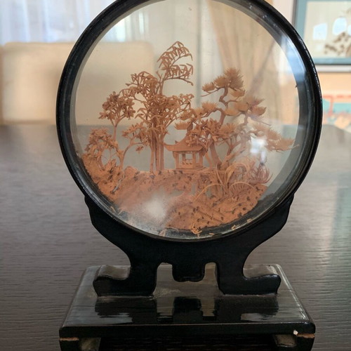 Diorama micro-sculpture on cork used with wooden base and glass