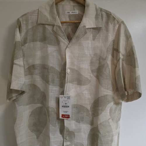 Zara relaxed fit men's shirt, viscose lyocell linen, large, sand color
