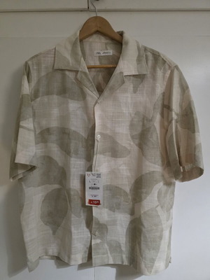 Zara relaxed fit men's shirt, viscose lyocell linen, large, sand color