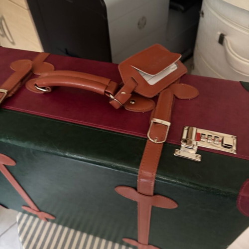 Vintage travel suitcase new, burgundy-green leatherette with lock