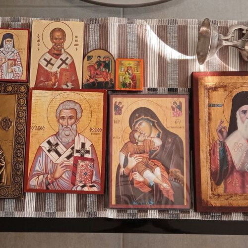 Religious icons used, 5 large, 5 small, censer, books