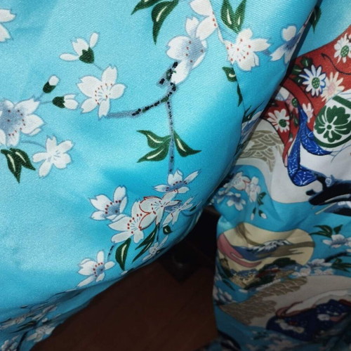 Japanese long robe, turquoise with cherry blossom print