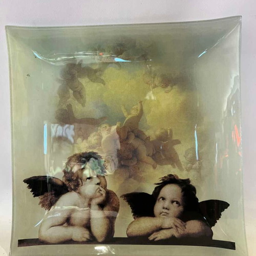 Glass platter with angel depiction 29cm used