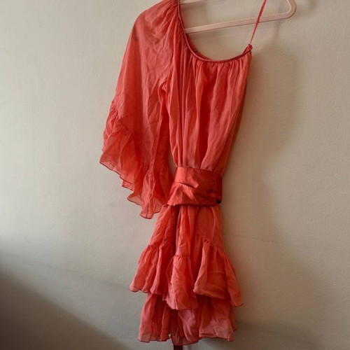Coral one shoulder silk dress like new with ruffles and satin belt