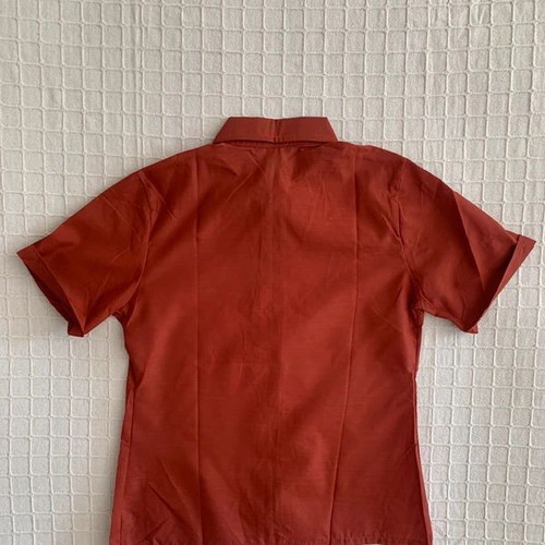 70s Shirt used, M/L, brown and red, stiff fabric