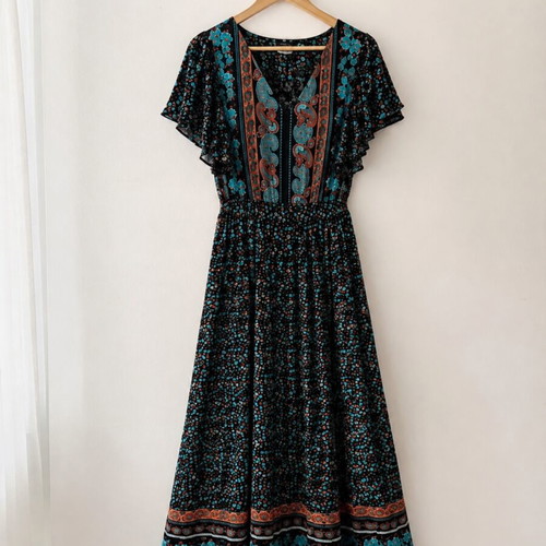 Women’s Long Maxi Dress, 100% Viscose, Boho Floral Print, Size L