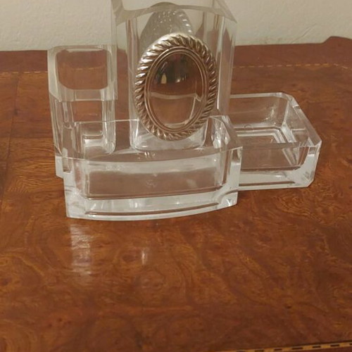 Italian Plexiglass and silver desk set used, two pieces