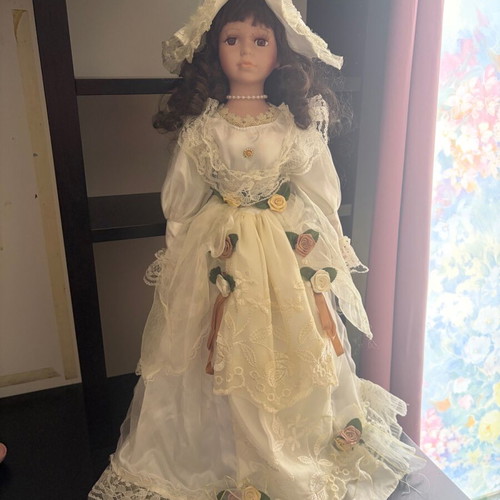 Porcelain doll tall with hat and parasol like new