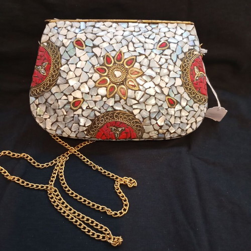 Handmade metal mosaic clutch with mother of pearl and gold chain, like new