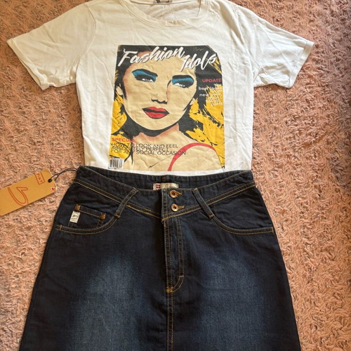 Cotton set with denim skirt and printed cotton t-shirt new, size M