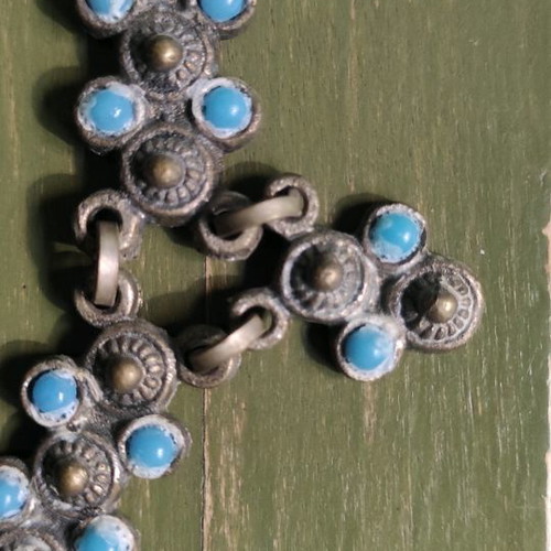 Folk art necklace used, silver with turquoise stones