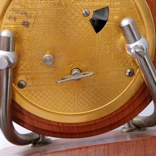 Mayak retro wind-up table clock used, wooden base