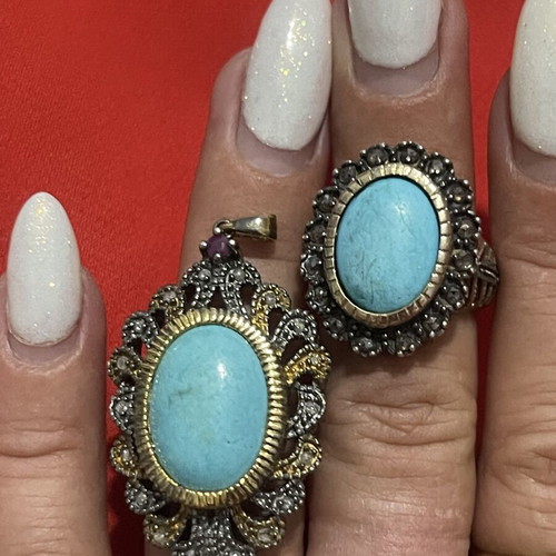 9k gold and 925 silver ring and pendant with diamonds and turquoise, vintage