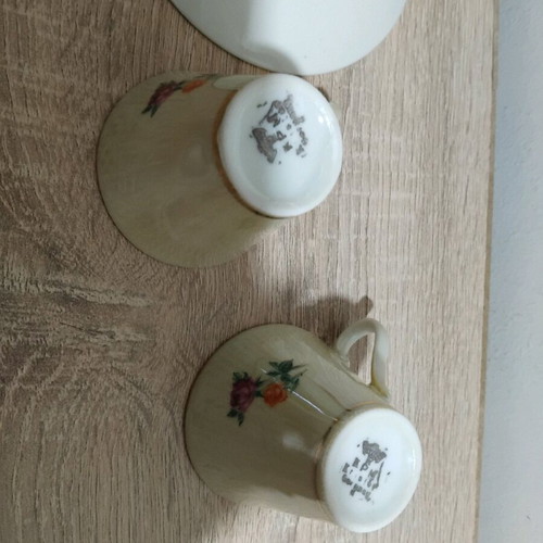 Porcelain coffee cups used, set of 3 with saucer and small bowl
