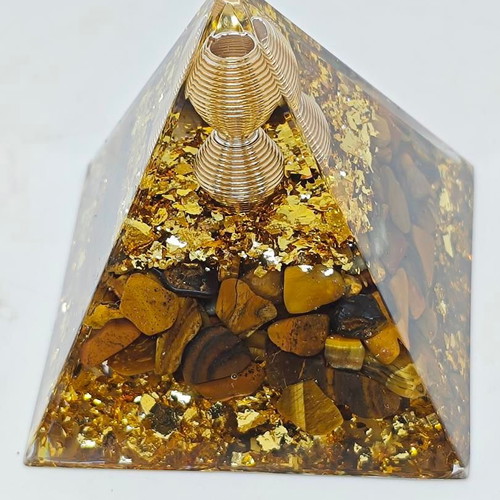 Orgonite pyramid with Tiger's Eye and gold leaves like new