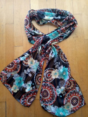 Printed scarf on black background with turquoise and gray flowers like new