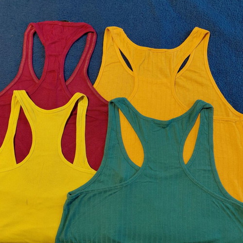 Four tank tops used, red, yellow, dark yellow, light green