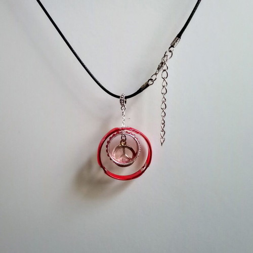 Handmade necklace with rings and peace symbol red and silver, new