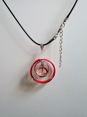 Handmade necklace with rings and peace symbol red and silver, new