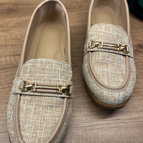 Tweed Loafers Size 37 Like New Beige with Gold Buckle