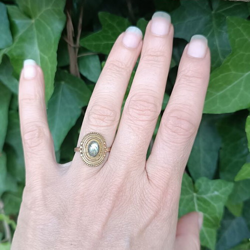 Vintage brass ring adjustable with genuine labradorite stone
