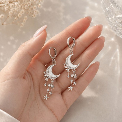 Celestial Earrings Moonlight Stars Handmade Silver Chandelier
