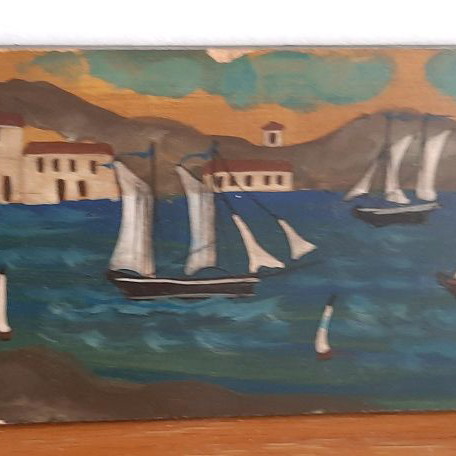 Artwork used with sea, ships and harbor image on wooden board