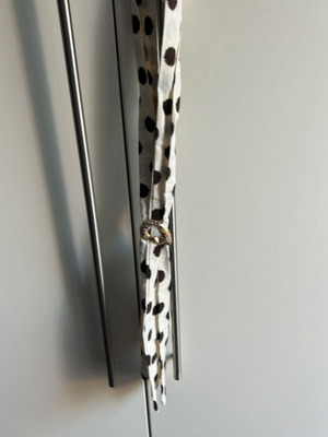 Cream scarf with brown polka dots and gold pin, 110 cm