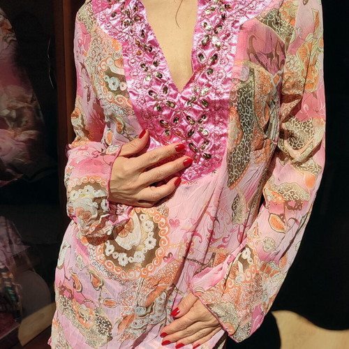 Silk see-through pink floral tunic new with sequins