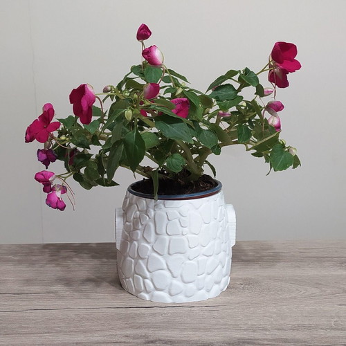 3D Printed Stone House Planter with Blue Door, New Greek Decor
