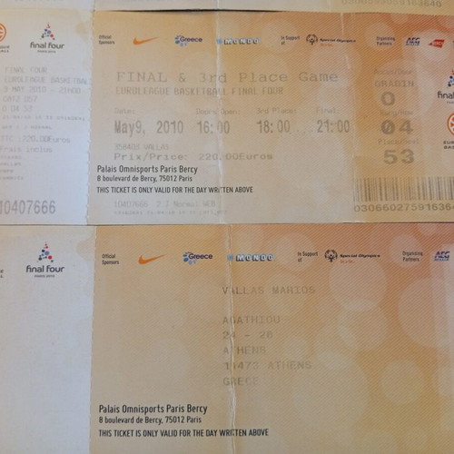 Final Four Euroleague 2010 Olympiakos Tickets used, complete set