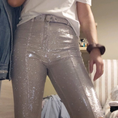 Bershka glitter pants used, gray silver, size L