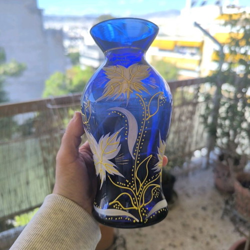 Cobalt glass vase used with painted flowers