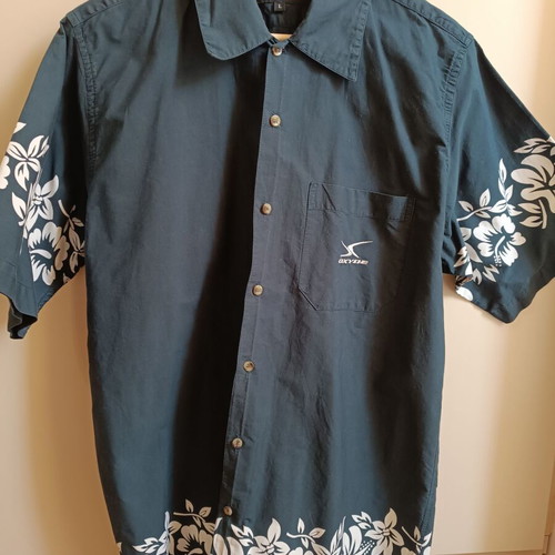 Cotton shirt used, dark blue, Hawaiian style, size Large