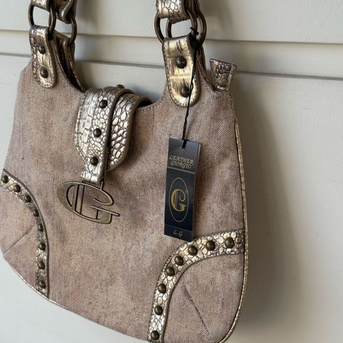 Vintage Giorgio Y2K tan and gold canvas croc print shoulder bag
