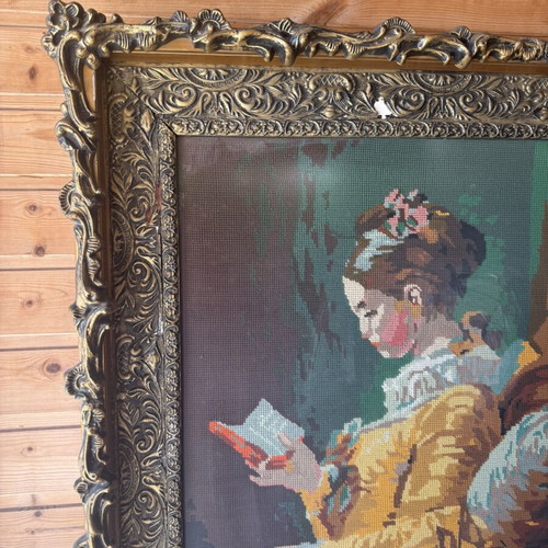 Embroidered antique textile painting used, framed 75x90cm