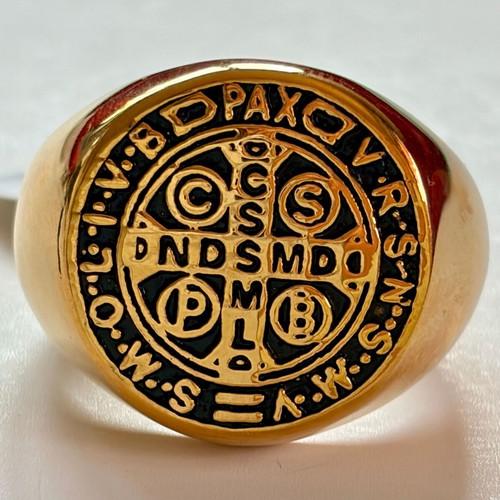Saint Benedict Gold Signet Ring New, 316L Stainless Steel, US 12