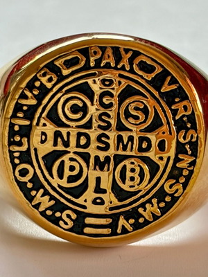 Saint Benedict Gold Signet Ring New, 316L Stainless Steel, US 12