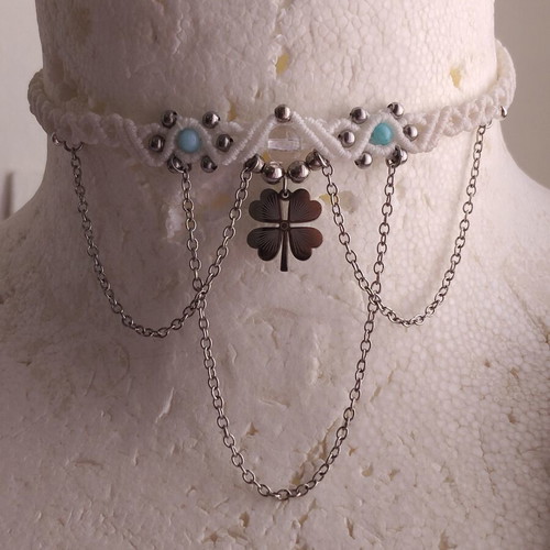 Handmade choker with steel elements, new, 32-37cm, white and silver