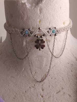 Handmade choker with steel elements, new, 32-37cm, white and silver