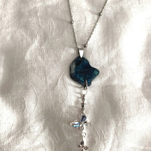 Raw Blue Agate Necklace with Butterfly Charm, Stainless Steel Chain, Like New