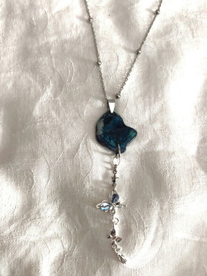 Raw Blue Agate Necklace with Butterfly Charm, Stainless Steel Chain, Like New