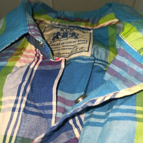 Aggressive men's shirt Large missing one button, blue